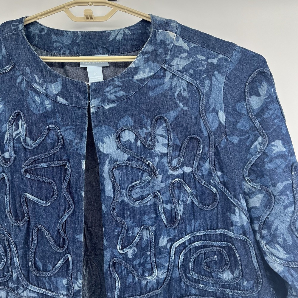 Liz & Me Plus Size 2X Denim Jean Jacket Blue Floral Embellished Appliqué Vintage